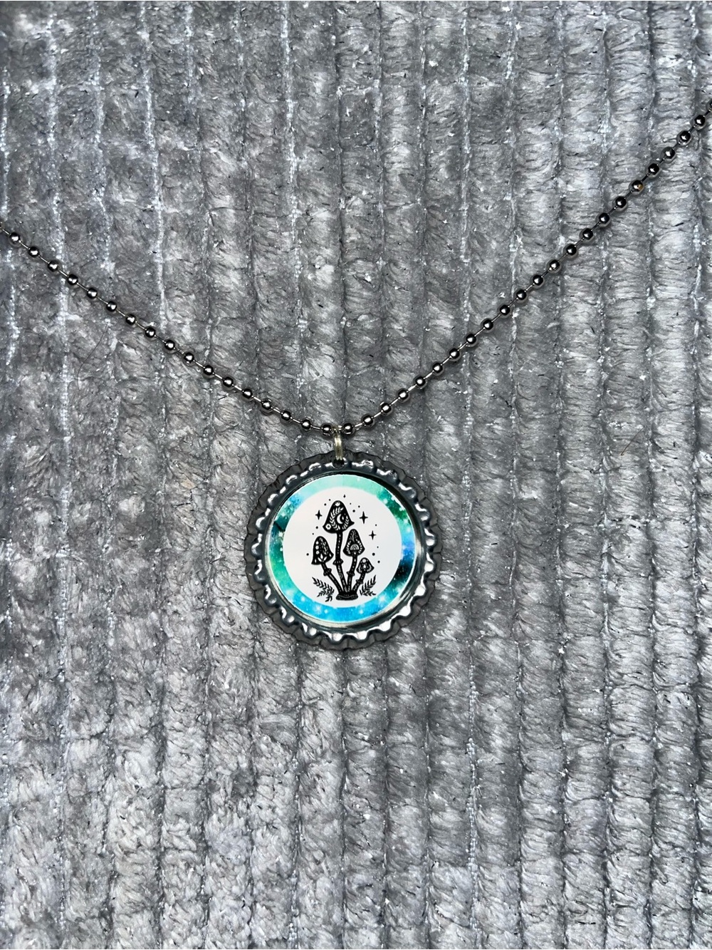 Handmade Teal Mushroom Bottle Cap Pendant Necklace